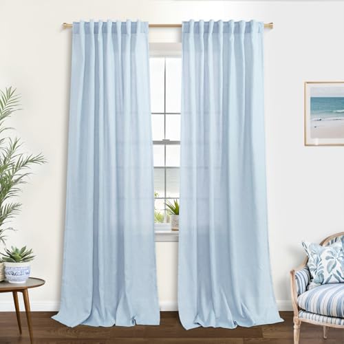 KOUFALL Light Blue Curtains for Bedroom Living Room 84 Inches Long Sheer Linen Semi Light Filtering Back Tab Curtains 84 Inch Length 2 Panels Set