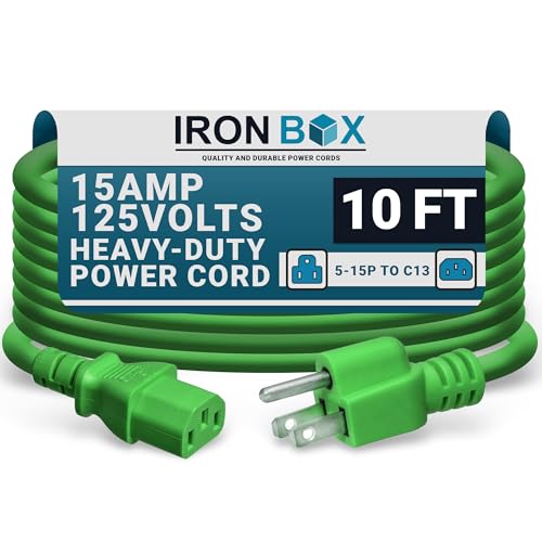 Image of IronBox Electric - Heavy-Duty 5-15P to C13 Power Cord - 3 Prong 15A 125V 14 /3 SJT PC Cable - Cord for Computer, Monitor, Subwoofer, Amplifier - Cable for Power Supply - (Green 10 Foot)