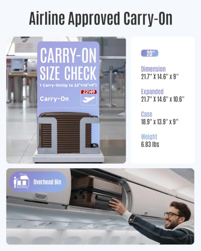 Image of LIGHT FLIGHT Carry On Luggage 22x14x9 Airline Approved, Coffee Brown | Airline Approved, Hard Shell with Wheels, Expandable Hardside, Lightweight, TSA Lock
