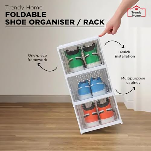 Image of Senego by Trendy Home Shoe Rack (3-Layer) Foldable Sneakers Box, Collapsible Storage Organizer for Shoe, Slippers and Books, Storage Rack for Living Room, Multipurpose Cabinet Organizer (White)