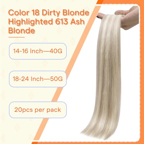 Image of Full Shine Hand Tied Tape in Hair Extensions,Real Human Hair,Color 18 /613 Ash Blonde Highlights,40g 20Pcs 14 Inch,Double Sided Invisible Skin Weft Hair Extensions,Office Friendly