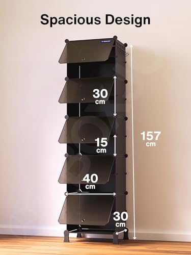 Image of BOXJOY 10 Shelf Shoe Rack with 5 Doors, 5 Hook Steel Holder & Wooden Hammer for Home Storage PP Plastic Organizer with Metal Door Frame to Cover Chappal Slipper Sandals Shoes Box Stand (Black)