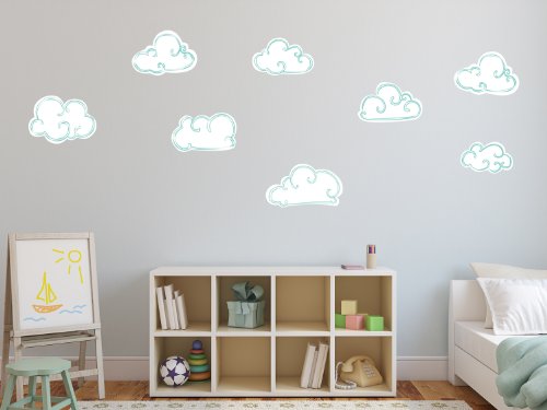 Clouds Fabric Wall Decals, Set of 8 Clouds, Hand Drawn Clouds, Reusable, Repositionable Wall Stickers - White