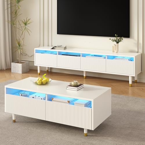 Merax Ensemble de meubles LED pour salon, meuble TV 178 x 35 x 45 cm, avec 4 portes, table basse 110 x 50 x 40 cm, avec 2 tiroirs, façade en acrylique, éclairage LED avec télécommande, beaucoup