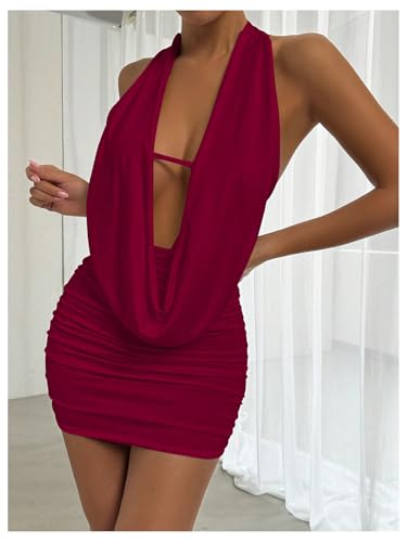 Image of SOLY HUX Women's Sexy Deep V Neck Halter Bodycon Mini Dress Sleeveless Party Club Dresses
