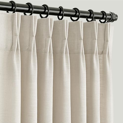 Linen Pinch Pleat Curtains 84 inches Long 2 Panels for Living Room Track System Light Filtering Semi Sheer Pinched Pleated Curtain Memory Trained with Hooks Neutral Thick Oatmeal Linen Drapes Apricot