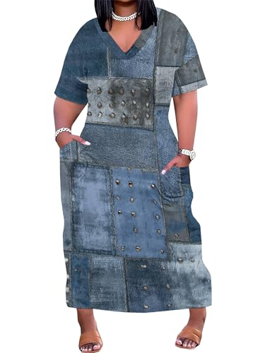 Image of SUZONANA Plus Size Denim Print Maxi Dresses for Women Casual V Neck Short Sleeve with Pockets Soft Jean Look Dress XL-6XL