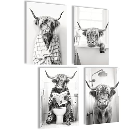 mojoliving Bilder Badezimmer Bilder Gäste WC Schild Poster Bild Toilette WC Deko Badezimmer Deko Bad Poster Hochlandrind auf Toilette und im Bad