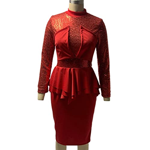 Hislaves Vestidos para mulheres, vestido formal com babado de paetês elegante manga longa cintura ju