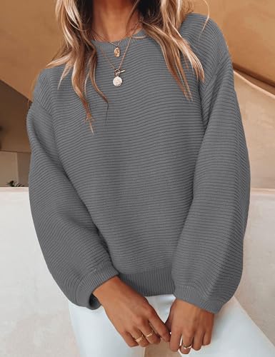 Image of ZESICA Women's Crew Neck Long Lantern Sleeve Fall 2026 Casual Loose Ribbed Knit Solid Soft Pullover Sweater Tops