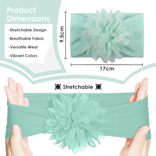 Image of SYGA PACK OF 3 Headbands Nylon Flower Soft Stretchable Hairband for Newborn Infant Toddler Kids For 0-3 Year (MediumPink-Beige Yellow-Turquoise)