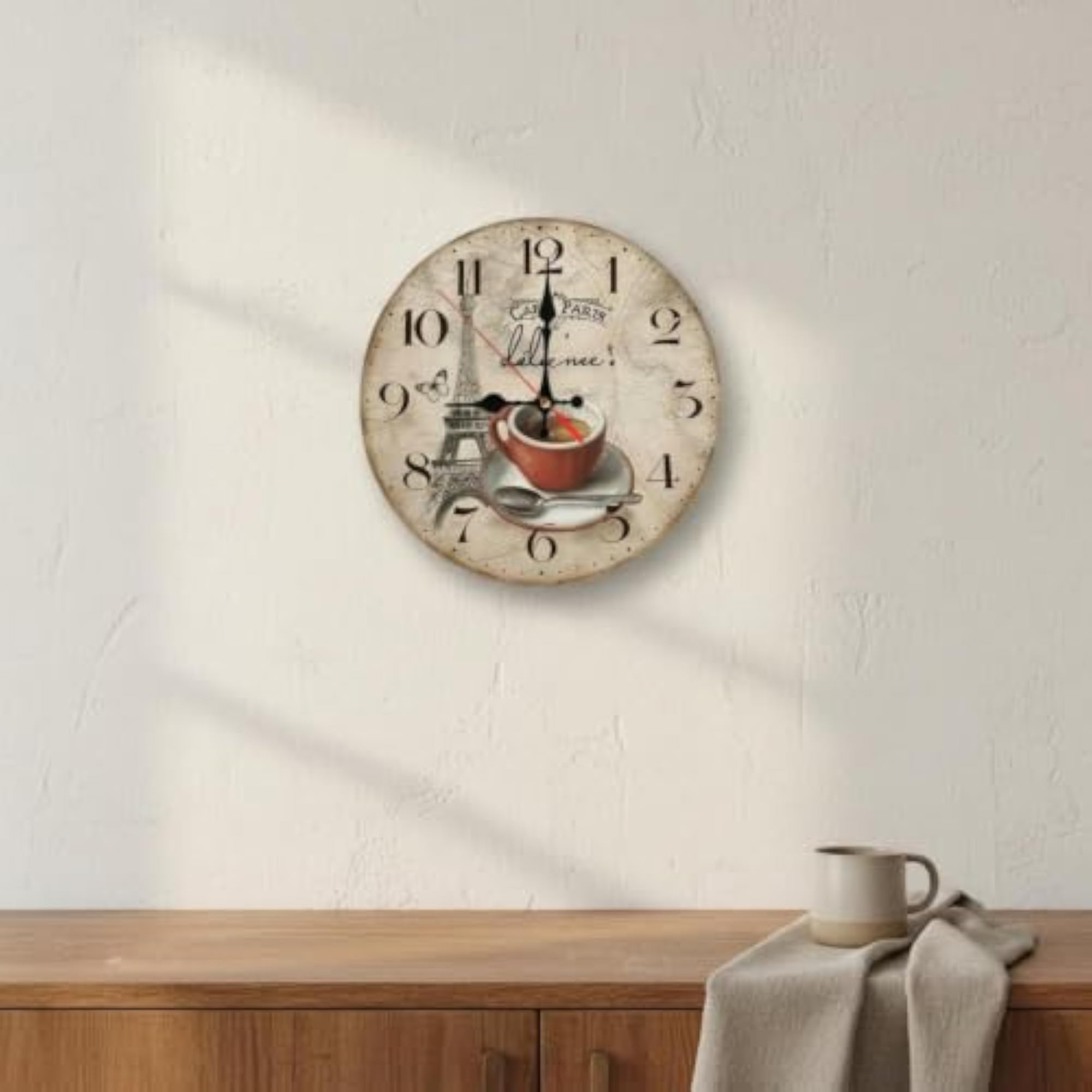 Round Wooden Look Clock, Vintage Wall Timepiece for Home