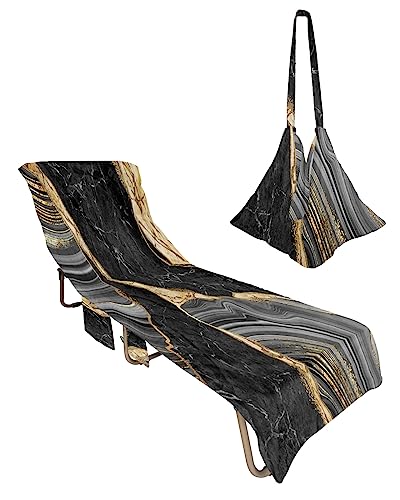 Abstract Marble Beach Chair Towel Covers for Chaise Lounge with Side Pocket, Soft Plush Pool Towels Cover for Patio Sunbathing Outdoor 29''x85'' ContemporaryGeometric Black Grey Gold