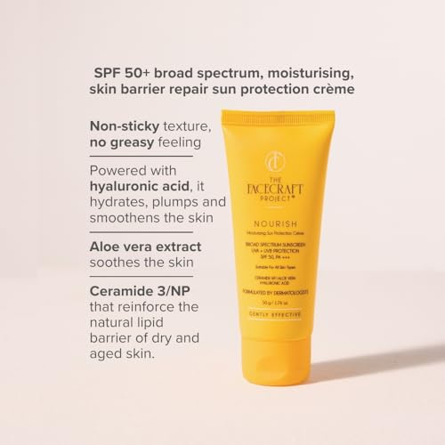 Image of THE FACECRAFT PROJECT Sunscreen SPF 50+ PA+++ Broad Spectrum UVA & UVB Protection, Lightweight Hydrating Cream with Aloe Vera, Non-Sticky, No White Cast, Daily Sun Care for Unisex Adults (50gm)