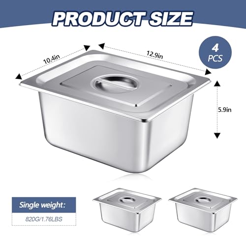 Image of Mifoci 4 Pack Stainless Steam Hotel Pan with Lid, 1 /2 Size x 6 Inch Deep, Reusable Anti Rust Steam Pan for Home, Party, Restaurant, Hotel, Buffet