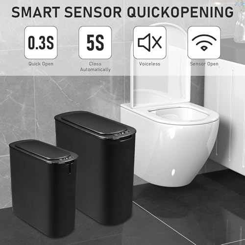 Image of 2 Pack Automatic Bathroom Trash Can 2.6 Gal & 6.1 Gal,Touchless Electric Garbage Can with Lid,Motion Sensor Smart Plastic Wastebasket,Slim Waterproof Trash Bin for Bedroom Office Kitchen (Black)