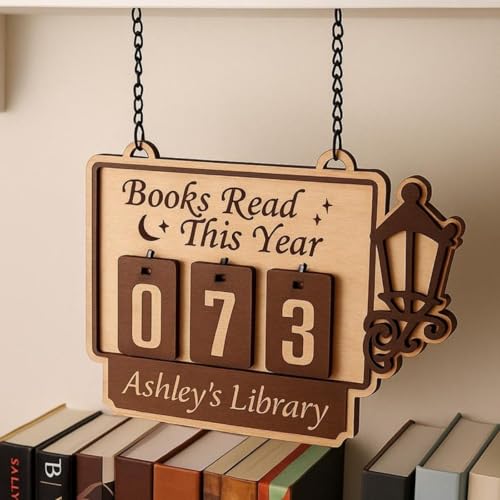 Seguimiento de lectura de libros de madera personalizado, contador de libros leídos este año, contador de estantería con nombre (14,3 x 19 cm)