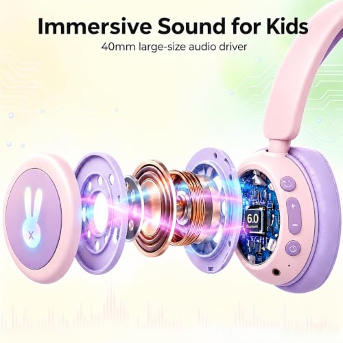 MuGo Kids Bluetooth Headphones with Colorful LED Bunny Lights, Foldable Over Ear Headphones Built-in Mic, 85dB Safe Volume Stereo Headset for Girls Boys Children, Wireless & Wired 2-in-1 Support TF - Image 5