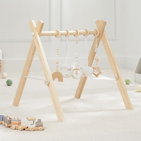 Comfy Cubs Baby Play Gym Set, Wooden Baby Playgym, Interactive Activity Center Hanging Bar with Gym Toys, Foldable for Infants, Newborn Gift for Baby Girl and Boy (Natural Wood) Cover
