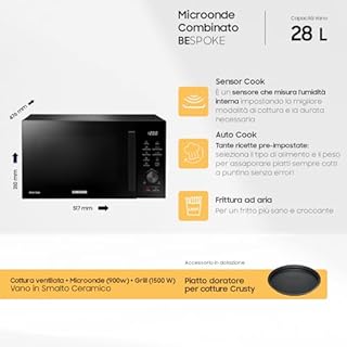 Samsung Forno a Microonde Combinato Bespoke Cottura Ventilata MC28A5137CK/E1, Piatto Doratore Incluso, Frittura ad Aria, Ricette Automatiche, Capacità: 28L, Colore: Nero, LxAxP: 51,7 x 31,0 x 47,6