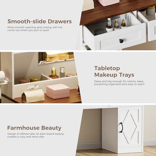 COMHOMA Makeup Vanity Desk with Mirror and Lights, Large Vanity Table with 6 Drawers & 1 Storage Cabinet, White Bedroom Dresser Table for Girls, 3 Color Modes Adjustable Mirror, Antique Brown