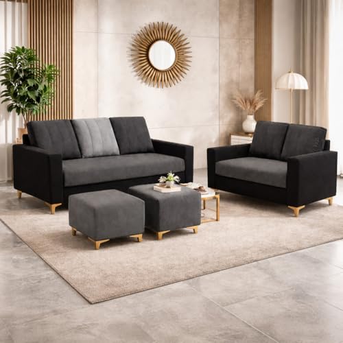 Image of Hendrick Plush Velvet 3 Seater + 2 Seater Sofa Set with 2 Ottoman | Silken Velvet Upholstery | Golden Legs | Designer Set for Living Room & Office Spaces (Black, Dark Grey & Light Grey)