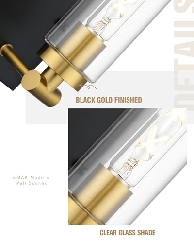 Image of Emak Black and Gold Wall Sconces Set of Two, Modern Wall Sconce with Clear Glass Shade, Farmhouse 2 Light Bathroom Vanity Light for Living Room, Bedroom, Gallery, WS086-BKBGD-CG-2PK