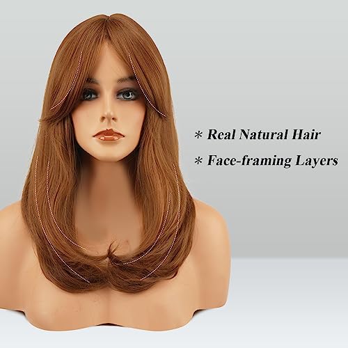 Image of FESHFEN Wigs with Bangs for Women, Synthetic Natural Looking Long Layered Straight Auburn Hair Wig for Women Daily Party Use 18 inch