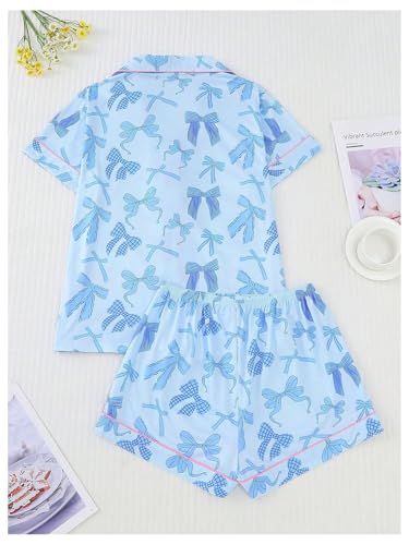 Image of SHENHE Women's 2 Piece Pajama Set Bow Graphic Button Down Short Sleeve Lapel Shirt Pj Short Set