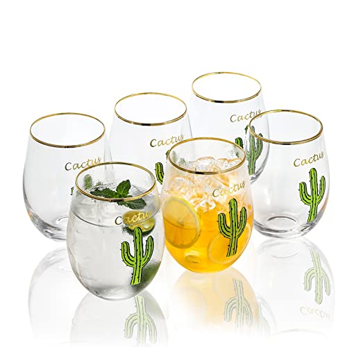 G Gold Rim Stemless Wine Glasses With Hand-Painted Cactus 17 Oz. Set Of 6 Party Beach Red White Wine Juice All-Purpose Everyday Use Drinkware Outdoors Backyard Tumbler #TOP8