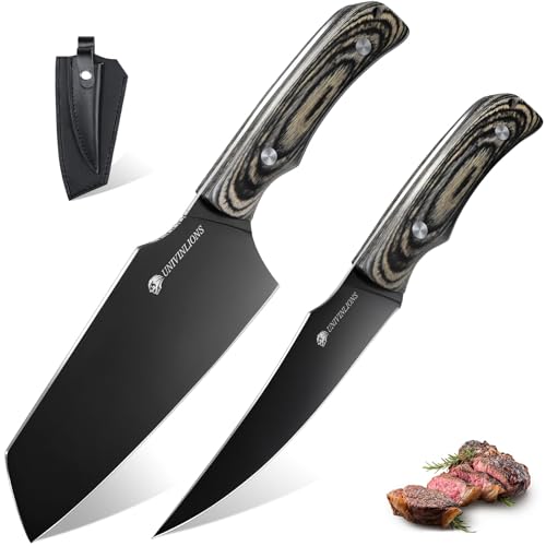 univinlions Küchenmesser Set 2-tlg Titanbeschichtet - Extrem scharfe Kochmesser für Profis & Hobbyköche, Ausbeinmesser & Hackmesser mit Lederscheide, Ideal für Küche, BBQ, Camping
