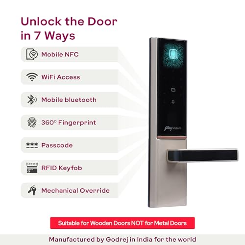Image of Godrej Smart Lock | The Only 7 in 1 NFC Digital Lock with Scheduled Biometric Access | VDP Compatible | Wooden Door in Home & Offices | Vegas Gold | 3 Yrs Warranty | Made in India | Free Installation