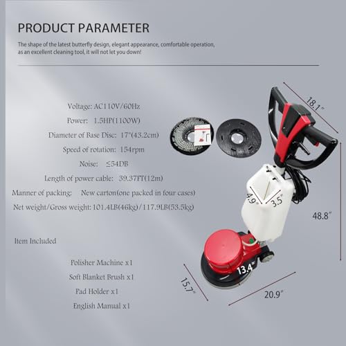 WYDDDARY 1100W Red Floor Polisher Commercial Floor Cleaner Polishing Machine Carpet Buffer Scrubber with 3gal Water Tank and 17\" Base 154Rpm AC110V - Thumbnail 4