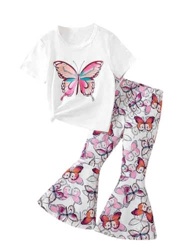 Image of OLMRJKD Kid Toddler Girl Clothes Outfits Short Sleeve Butterfly Top Flared Leg Pants Summer Clothing Set