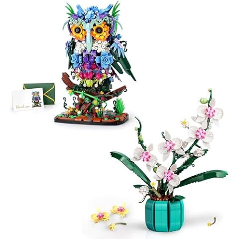 MOC Creative Flower & Owl Animal Model Set, Orchid Bonsai Flowers for The Home or Office Cover