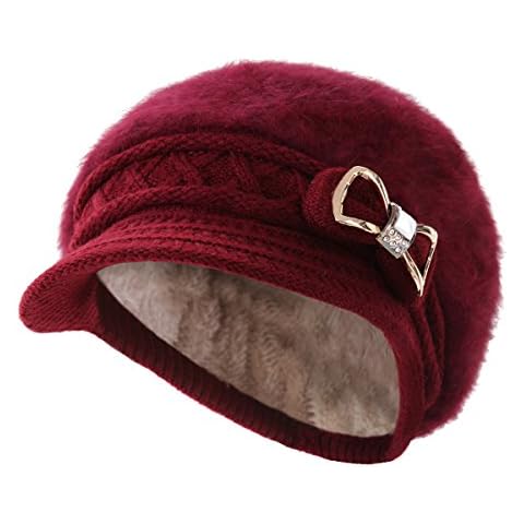 Surblue Lady Knit Newsboy Cap Beret Hats s Crystal Bow Angora Plush Winter Beanie Crochet (Wine Red) Cover