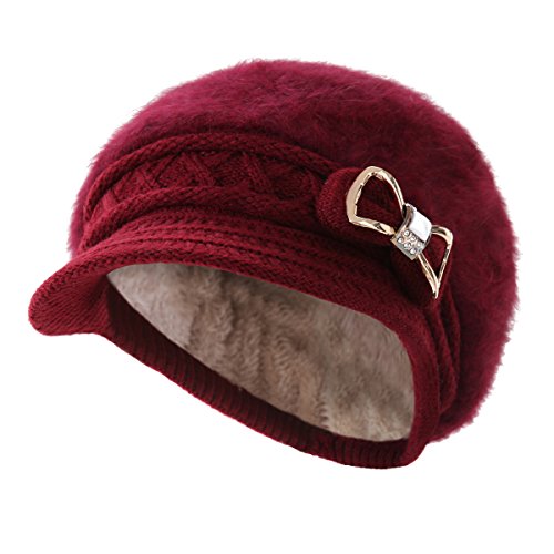 Surblue Lady Knit Newsboy Cap Beret Hats S Crystal Bow Angora Plush Winter Beanie Crochet (Wine Red) #TOP22