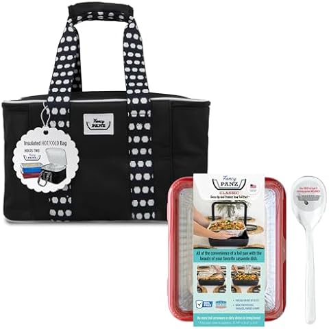 Fancy Panz Bundle, Black Insulated Carrier Bag + Red Classic, Made in the USA Foil Pan Carrier, Travel Casserole Carrier with Disposable Aluminum Pan & Reusable Serving Spoon Cover
