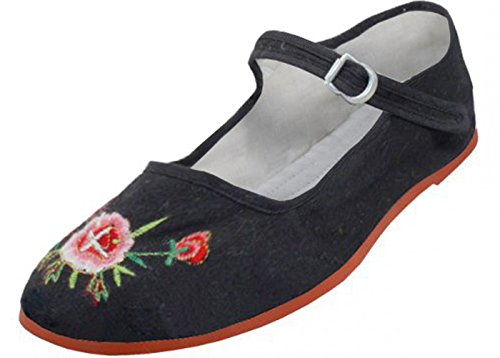 Easy USA Womens Cotton Mary Jane Shoes Ballerina Ballet Flats Shoes (6, Black Embroidered 114)
