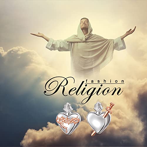 DAOCHONG Sterling Silver Sacred Heart & Immaculate Heart of Mary Mismatched Earring Studs - Christian Jewelry for Women & Men - Easter Gift3