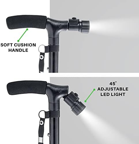 Walking Cane by Dr. Maya with Free Cane for Car Door, Tips & LED Light, Lightweight, Adjustable, Foldable, Pivoting Base, Quad Travel Balance Stick Support for Elderly Men Women - Walker for Seniors