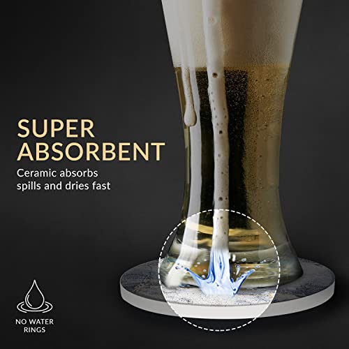 Emerson Essentials Coasters For Drinks Absorbent With Holder, Set Of 6, Cork Bottom Ceramic Stone Marble Style For Wooden Coffee Bar Tables, Glass Tabletop Non Slip, Natural Stone #TOP5