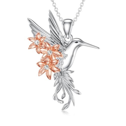 Diamond Hummingbird Necklace for Women 925 Sterling Silver Hummingbird Pendant Necklaces with Flower and Lab Grown Diamonds Jewelry Gifts