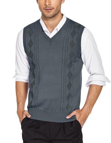 COOFANDY Herren Strickweste V-Neck Pullunder Ärmellose Pullover Business Pullunder Regular Fit Männer Pullover Vest Herrenpullunder Winter Sweater Vest Dunkelgrau XXL