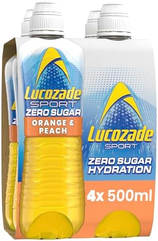 Lucozade Sport Zero Sugar - Orange & Peach 4x500ml | Sugar Free Sports Drink, with Vitamin B3 and electrolyte | Zero Sugar | Only 4 calories per serving | Still | Made with Natural Flavours