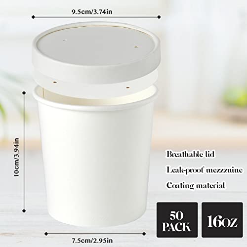 50Pack 16Oz Paper Soup Containers With Lids, Disposable Kraft Paper Food Cups, Ice Cream Cups, Paper Food Storage With Lids, Microwavable And Freezer Safe, Suitable For Christmas Thanksgiving (White) #TOP1