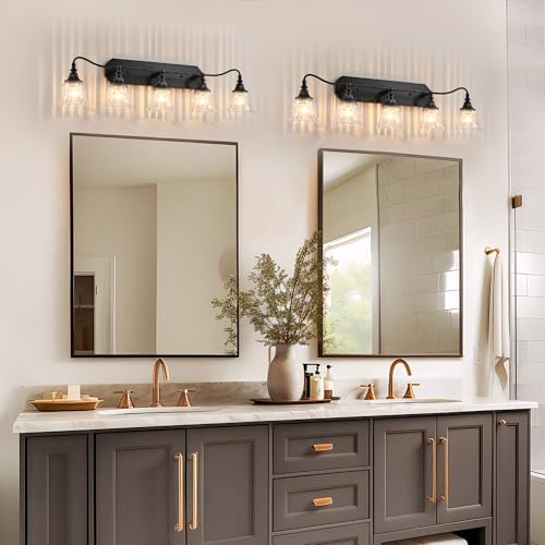 Image of LmnLvn Bathroom Vanity Black Vintage Light Fixture, 5 Lights Bathroom Lighting Matte Antique Brass Finish with Crystal Glass Shade, Black Vintage Vanity Light