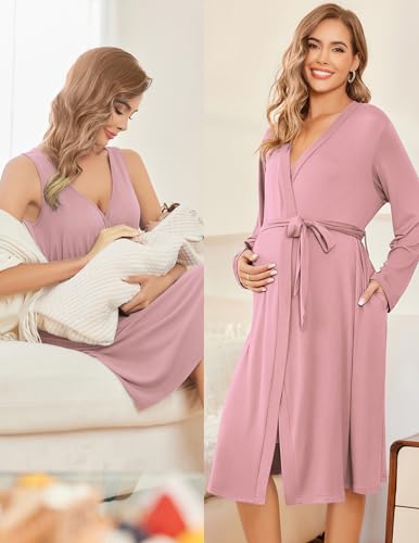 Image of Ekouaer Maternity Nursing Gown and Robe Set Labor Delivery Nursing Nightgowns for Breastfeeding Pregnancy Clothes