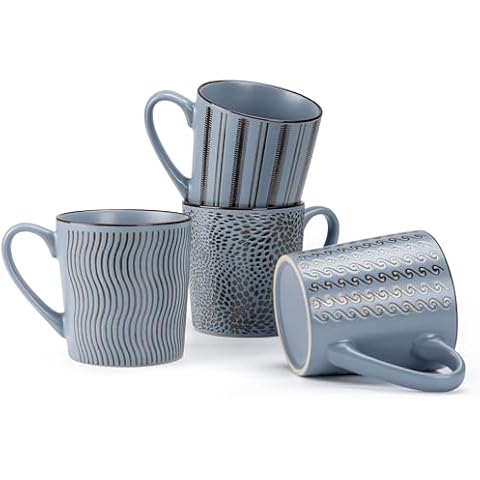 Calenzana 16 Ounce Coffee Mugs Set of 4, Ceramic Coffee Mug with 4 Different Patterns, Porcelain Coffee Cups with Handle for Cocoa Latte Cappuccino Tea, Navy Blue Cover