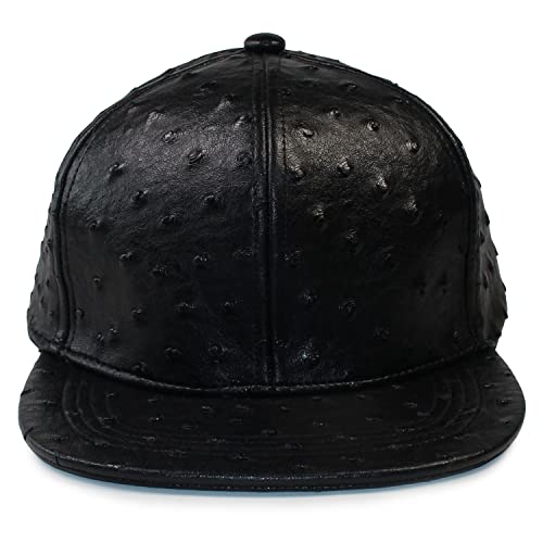 XUAN SUN Luxury 6 Panel Flat Brim Fashion Hat Elegant Strapback Gold Metal Buckle Ostrich Faux Leather Baseball Cap Unisex (Black)